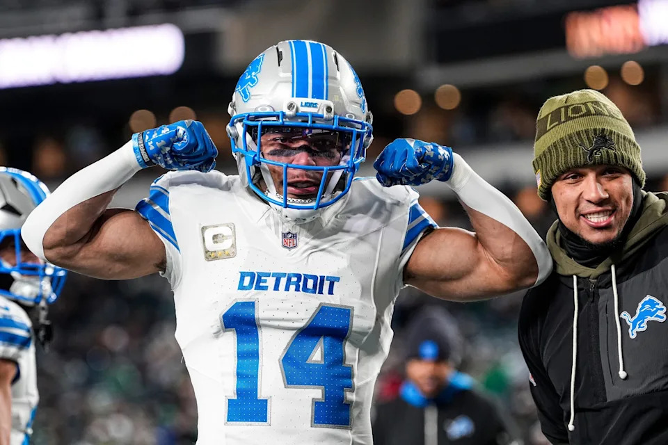 <p>Detroit Lions wide receiver Amon-Ra St. Brown poses for a photo at warmup ahead of the Philadelphia Eagles game at Lincoln Financial Field in Philadelphia on Sunday, November 16, 2025.</p>