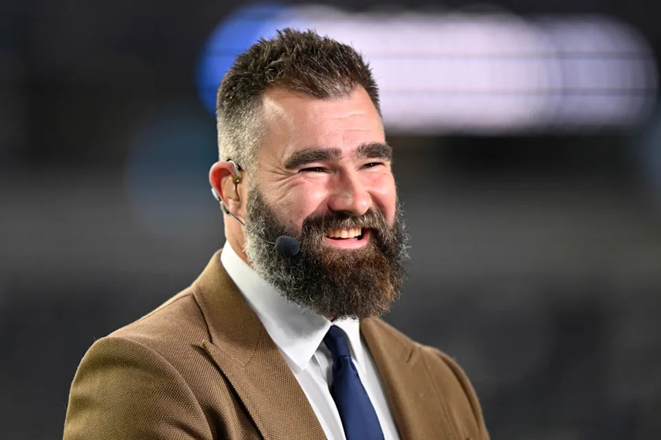 Nov 3, 2025; Arlington, Texas, USA; ESPN Monday Night Countdown panelist and former player Jason Kelce speaks before the game between the Dallas Cowboys and the Arizona Cardinals at AT&T Stadium. Mandatory Credit: Jerome Miron-Imagn Images© Jerome Miron-Imagn Images