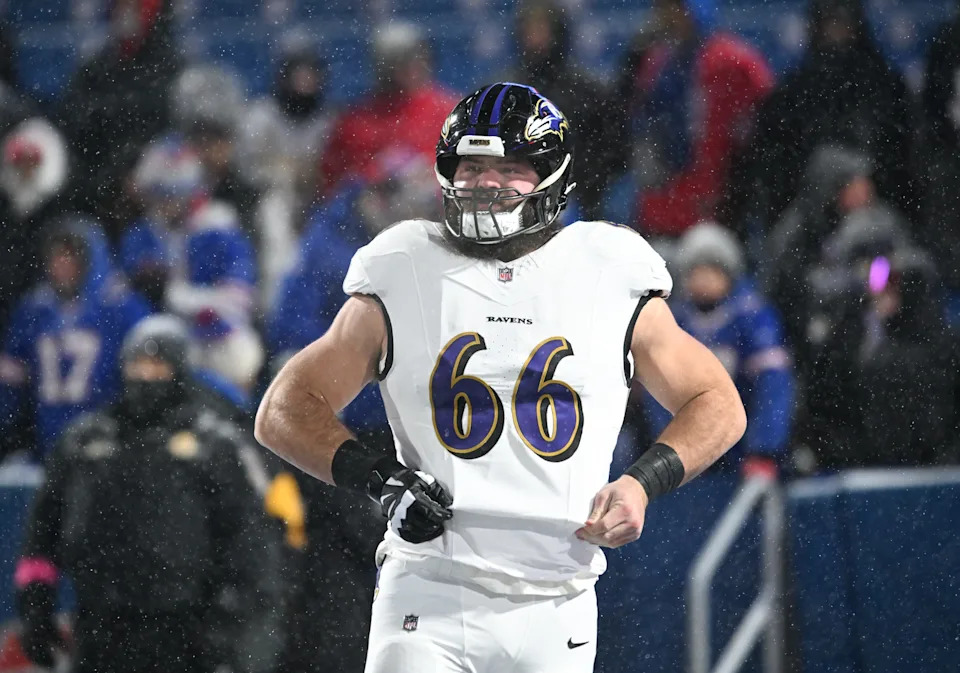 Baltimore Ravens guard Ben Cleveland (66) looks on during warm ups before the game against the Buffalo Bills in a 2025 AFC divisional round game.