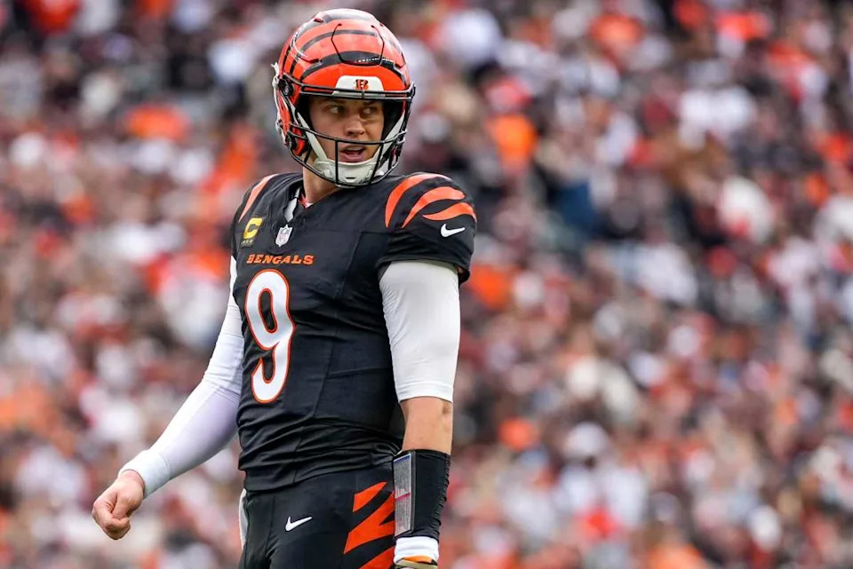 Cincinnati Bengals quarterback Joe Burrow (9) looks back to the sideline before a goal line play in the first quarter of the NFL Week 17 game between the Cincinnati Bengals and the Arizona Cardinals at Paycor Stadium in Downtown Cincinnati on Sunday, Dec. 28, 2025. The Bengals led 23-7 at halftime.© Sam Greene&sol;The Enquirer &sol; USA TODAY NETWORK via Imagn Images&period;