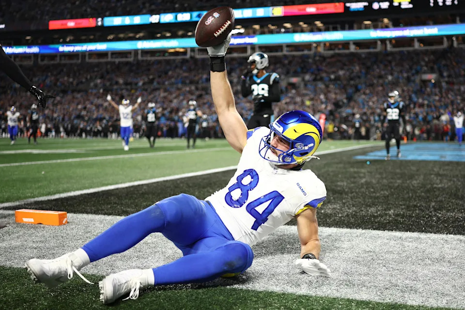 Colby Parkinson of the Los Angeles Rams celebrates after scoring a game-winning touchdown to beat the Carolina Panthers. (Photo by Jared C. Tilton/Getty Images)