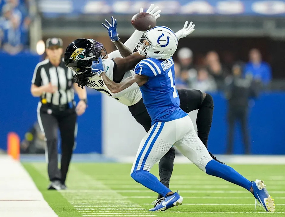Indianapolis Colts cornerback Sauce Gardner (1) breaks up a pass intended for Jacksonville Jaguars wide receiver Brian Thomas Jr. (7) on Sunday, Dec. 28, 2025, during a game at Lucas Oil Stadium in Indianapolis. Mandatory Credit:&nbsp;Mykal McEldowney/IndyStar