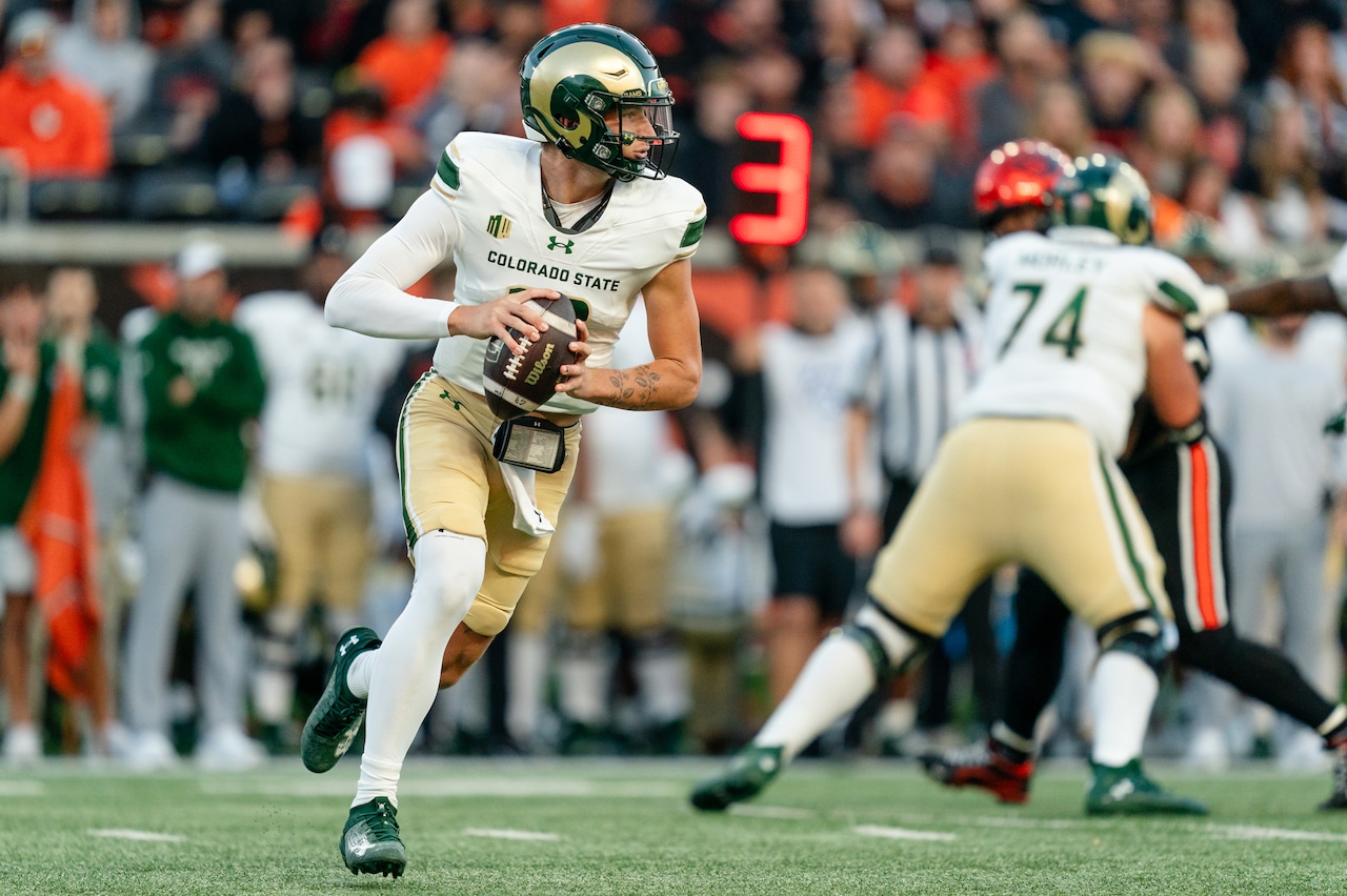 Quarterback Brayden Fowler-Nicolosi #16 of the Colorado State Rams looks to pass during the second half of the game against the Oregon State Beavers at Reser Stadium on October 5, 2024 in Corvallis, Oregon.