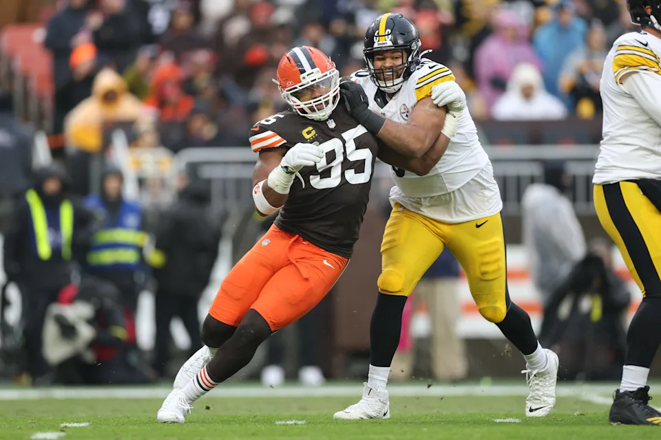 Dec 28, 2025; Cleveland, Ohio, USA; Cleveland Browns defensive end Myles Garrett (95) looks to sack in the first quarter against the Pittsburgh Steelers at Huntington Bank Field. Mandatory Credit: Scott Galvin-Imagn Images