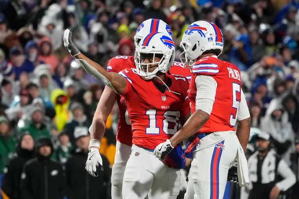 Dec 28, 2025; Orchard Park, New York, USA; Buffalo Bills wide receiver Brandin Cooks (18) acknowledges the crowd after catching a pass thrown by quarterback Josh Allen (not pictured) against the Philadelphia Eagles during the fourth quarter at Highmark Stadium. Mandatory Credit: Gregory Fisher-Imagn Images