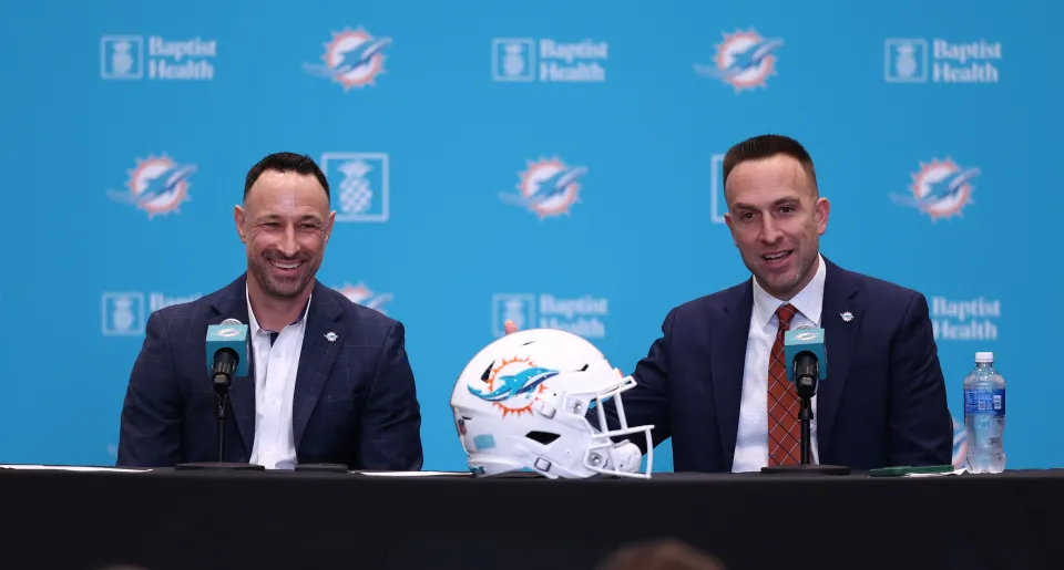 new Miami Dolphins general manager Jon-Eric Sullivanand new Miami Dolphins head coach Jeff Hafley answer questions from reporters during the Miami Dolphins press conference on Thursday, January 22, 2026