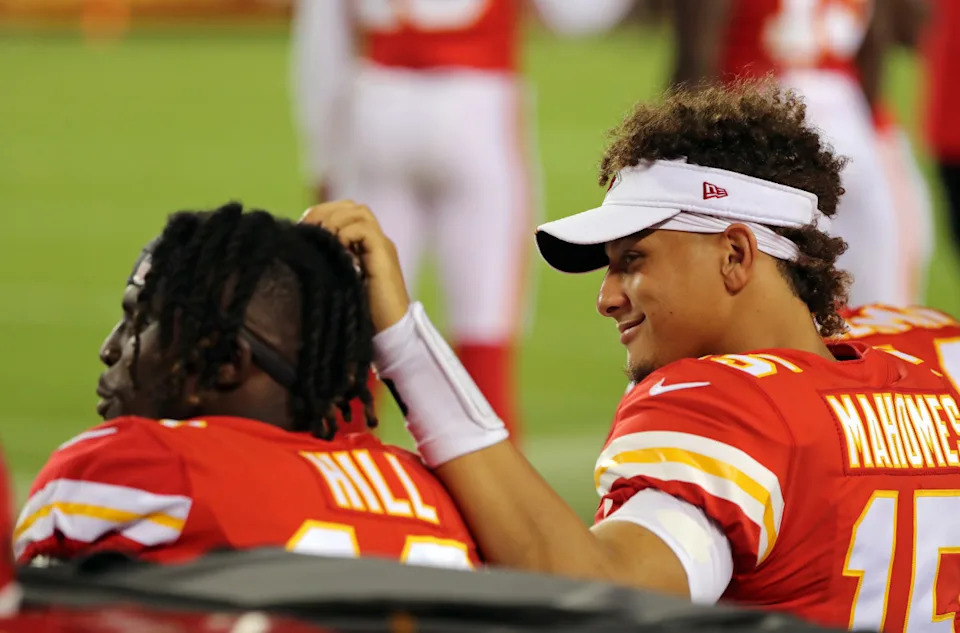 Kansas City Chiefs quarterback Patrick Mahomes (15) and former wide receiver Tyreek Hill (10).Jay Biggerstaff-Imagn Images