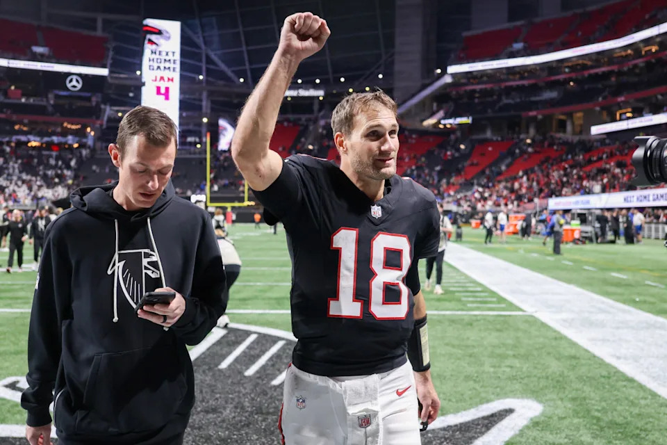 Dec 29, 2025; Atlanta, Georgia, USA; Atlanta Falcons quarterback Kirk Cousins (18) celebrates after a victory over the Los Angeles Rams at Mercedes-Benz Stadium. Mandatory Credit: Brett Davis-Imagn Images© Brett Davis-Imagn Images&period;