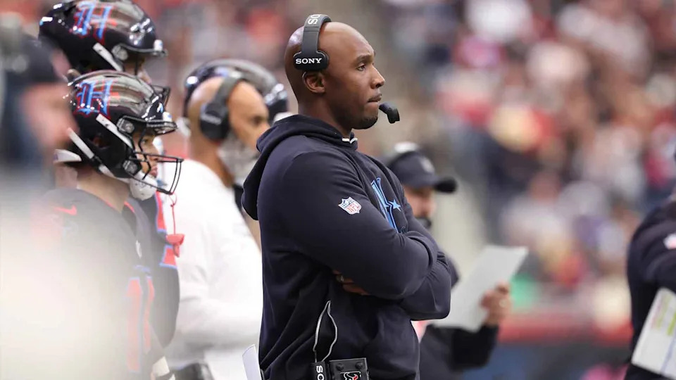 Jan 4, 2026; Houston, Texas, USA; Houston Texans head coach Demeco Ryans stands on the sidelines against the Indianapolis Colts during the first half at NRG Stadium. Mandatory Credit: Troy Taormina-Imagn Images