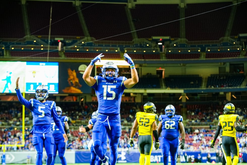 FILE - St. Louis Battlehawks Jacob Saylors celebrates after scoring a touchdown against the...
