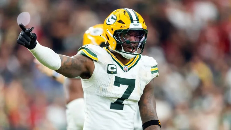 Packers linebacker Quay Walker lines up on defense against the Arizona Cardinals.