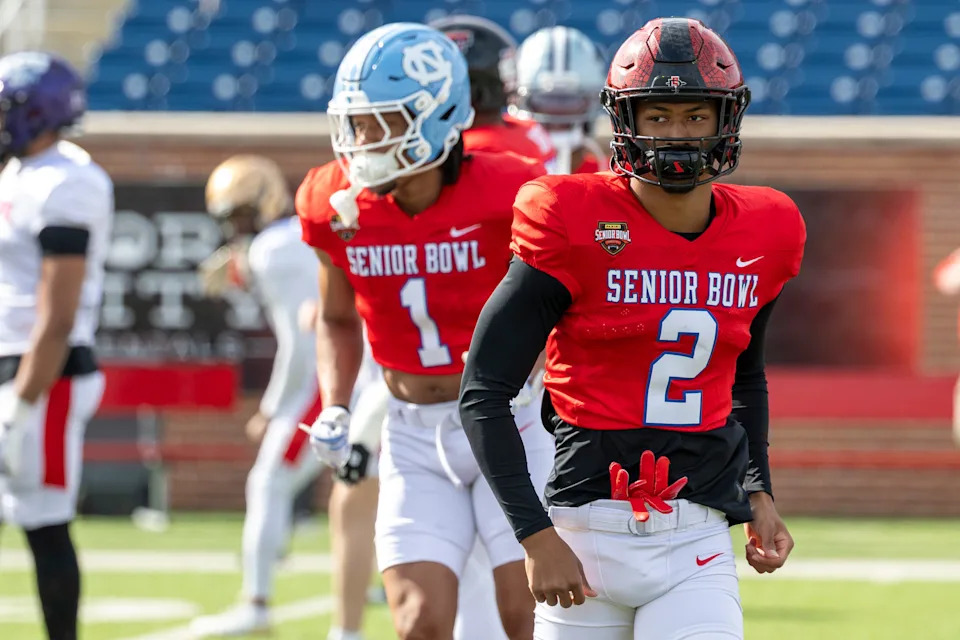 Jan 29, 2026; Mobile, AL, USA; National cornerback Chris Johnson (2) of San Diego State practices during National Senior Bowl practice at Hancock Whitney Stadium. Mandatory Credit: Vasha Hunt-Imagn Images