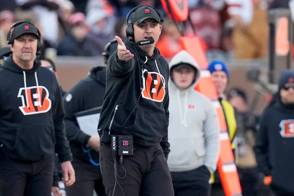 Cincinnati Bengals head coach Zac Taylor points down field in the second quarter of the NFL Week 18 game between the Cincinnati Bengals and the Cleveland Browns at Paycor Stadium in Downtown Cincinnati on Sunday, Jan. 4, 2026.