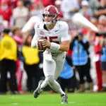 Jan 1, 2026; Pasadena, CA, USA; Alabama Crimson Tide quarterback Ty Simpson (15) looks to pass against the Indiana Hoosiers in the first half of the 2026 Rose Bowl and quarterfinal game of the College Football Playoff at Rose Bowl Stadium. Mandatory Credit: Gary A. Vasquez-Imagn Images