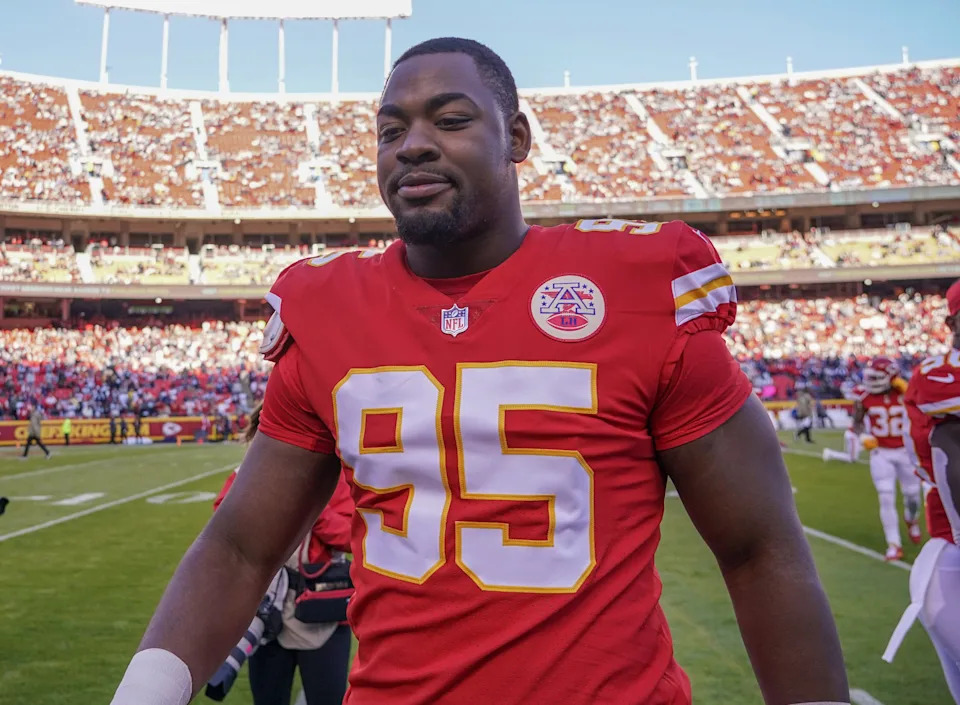 Nov 21, 2021; Kansas City, Missouri, USA; Kansas City Chiefs defensive end Chris Jones (95) comes to the sideline against the Dallas Cowboys before the game at GEHA Field at Arrowhead Stadium. Mandatory Credit: Denny Medley-USA TODAY Sports