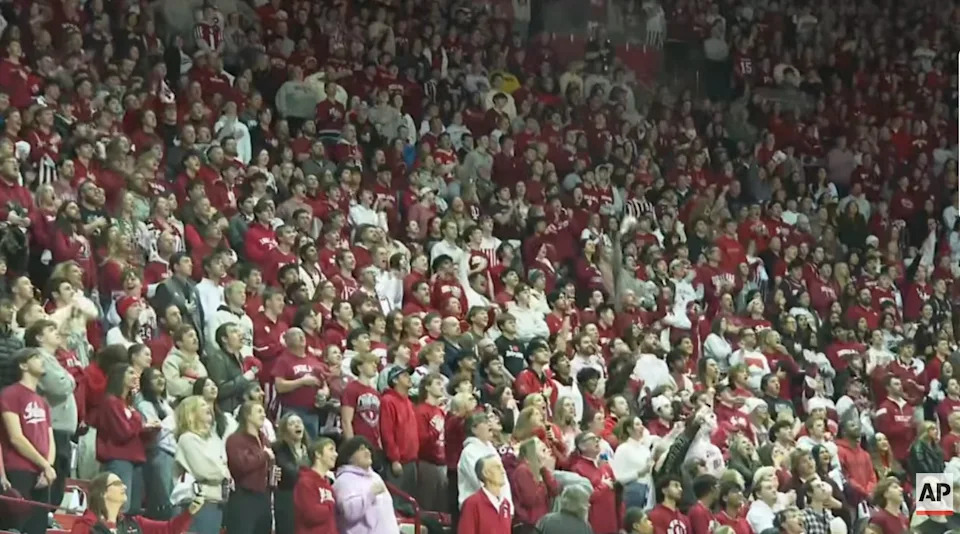 Large crowd at a sports event, cheering and clapping, with many wearing matching shirts