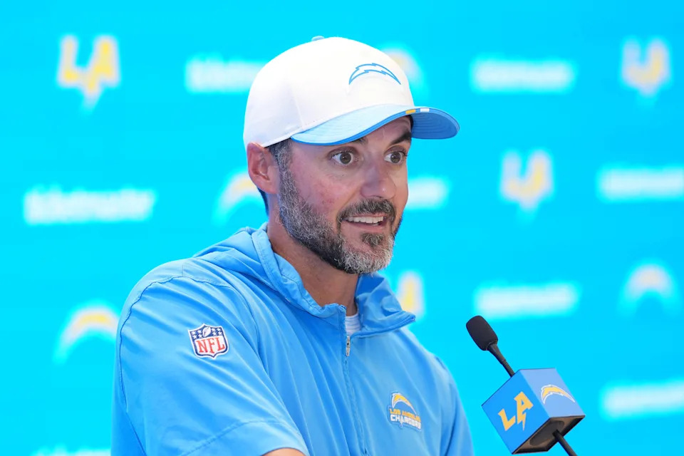 Aug 7, 2025; El Segundo, CA, USA; Los Angeles Chargers defensive coordinator Jesse Minter at press conference during training camp at The Bolt. Mandatory Credit: Kirby Lee-Imagn Images