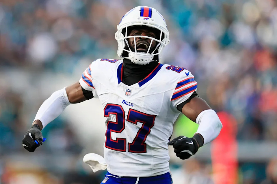 Buffalo Bills cornerback Tre'davious White (27) celebrates the game-deciding interception during the fourth quarter of an NFL football AFC Wild Card playoff matchup, Sunday, Jan. 11, 2026, in Jacksonville, Fla. The Bills defeated the Jaguars 27-24. [Corey Perrine/Florida Times-Union]