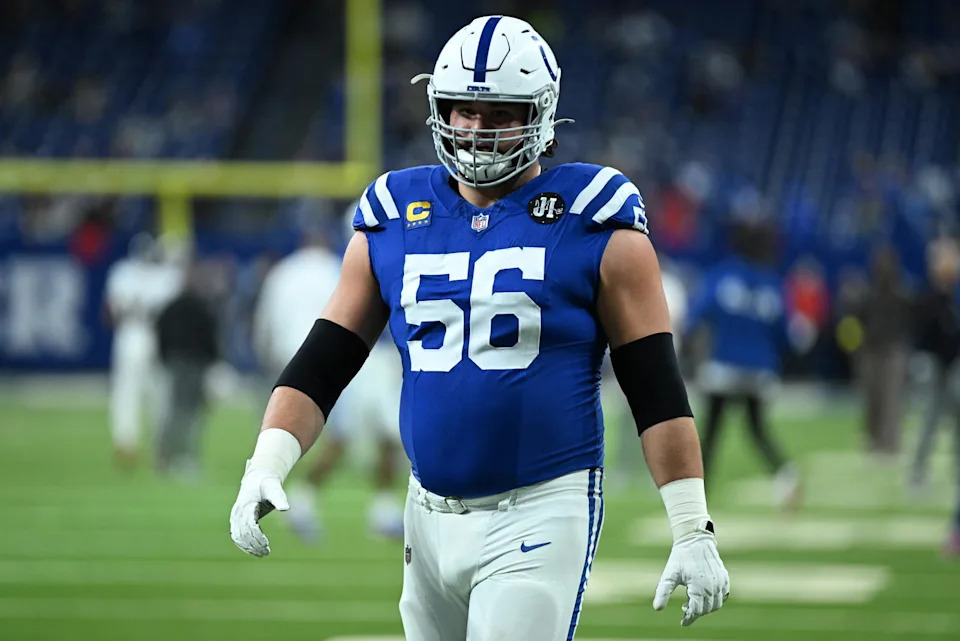 Nov 30, 2025; Indianapolis, Indiana, USA; Indianapolis Colts guard Quenton Nelson (56) warms up before a game against the Houston Texans at Lucas Oil Stadium. Mandatory Credit: Robert Goddin-Imagn Images