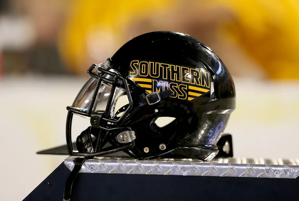 Sep 10, 2016; Hattiesburg, MS, USA; A Southern Miss Golden Eagles helmet sits on the bench in the second half of their game against the Savannah State Tigers at M.M. Roberts Stadium. Southern Miss won, 56-0. Mandatory Credit: Chuck Cook-USA TODAY Sports