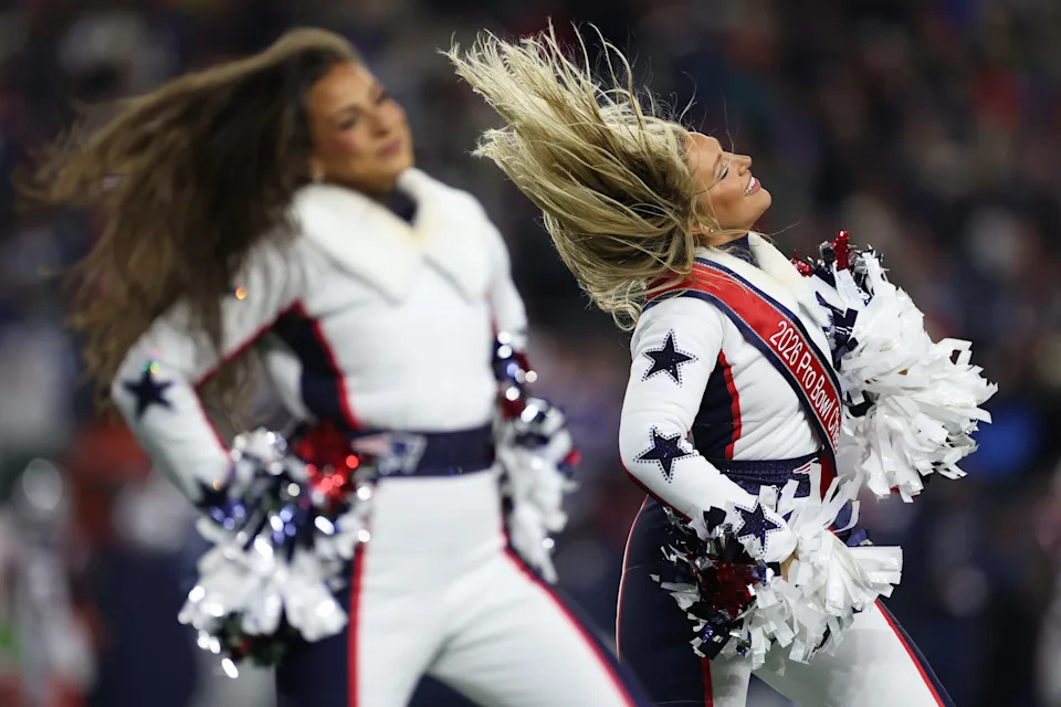 New England Patriots cheerleaders perform during the first half against the Miami Dolphins at Gillette Stadium.