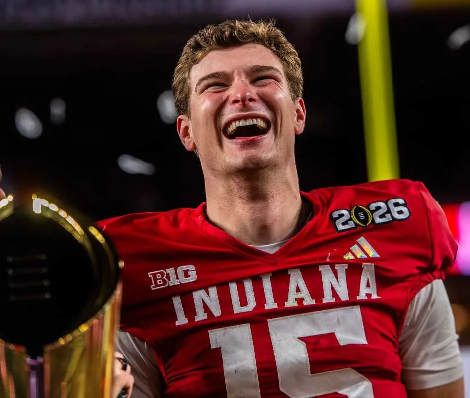 Indiana's Fernando Mendoza (15) smiles on the podium after the College Football Playoff National Championship win over Miami.© Rich Janzaruk&sol;Herald-Times &sol; USA TODAY NETWORK via Imagn Images