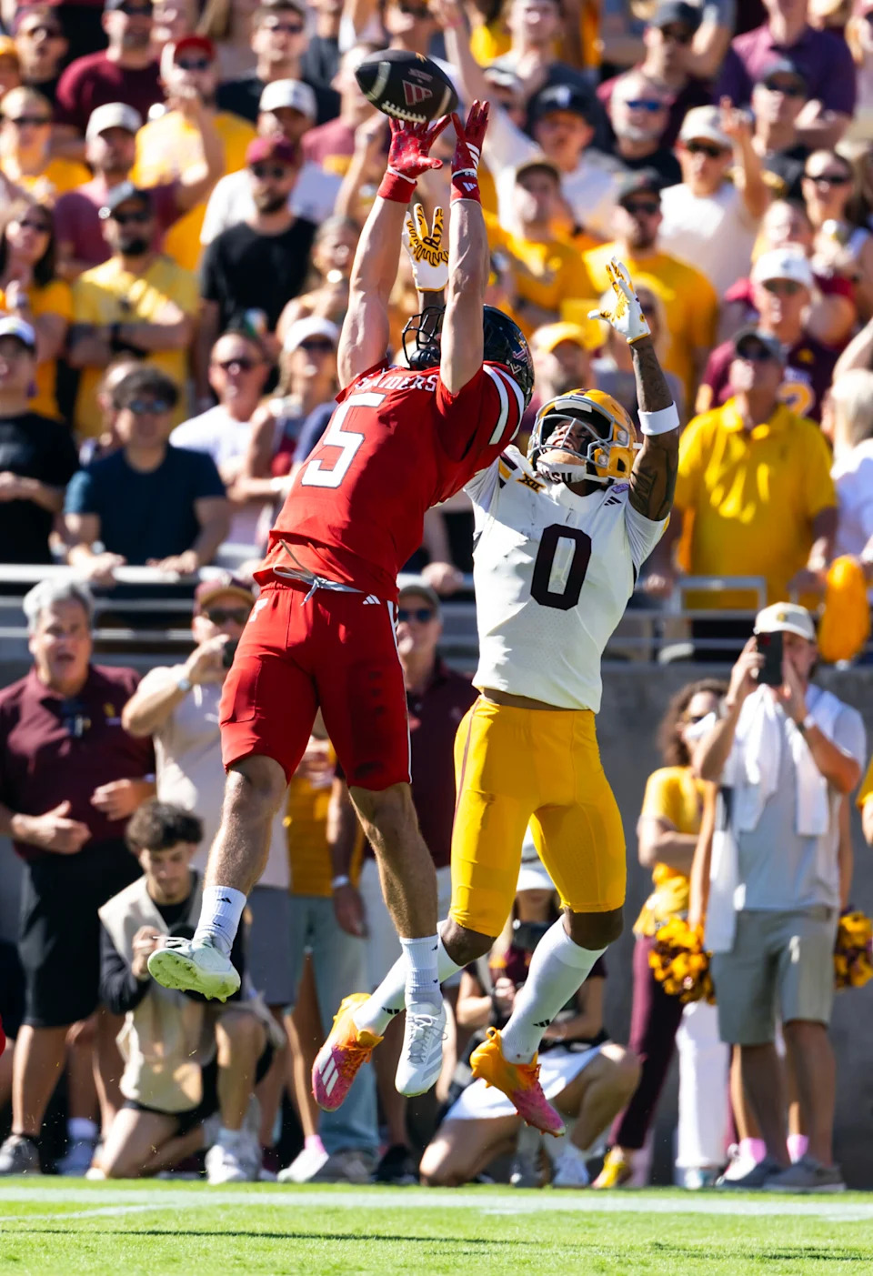 <p>Oct 18, 2025; Tempe, Arizona, USA; Texas Tech Red Raiders safety Cole Wisniewski (5) breaks up a pass to Arizona State Sun Devils wide receiver Jordyn Tyson (0) at Mountain America Stadium. Mandatory Credit: Mark J. Rebilas-Imagn Images</p>