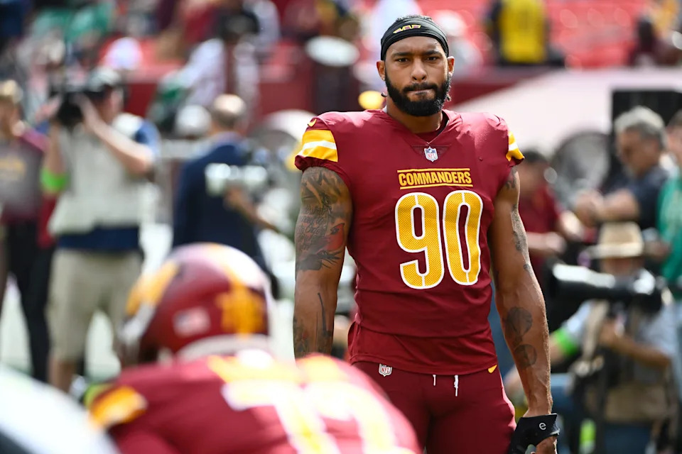 Oct 29, 2023; Landover, Maryland, USA; Washington Commanders defensive end Montez Sweat (90) on the field before the game against the Philadelphia Eagles at FedExField. Mandatory Credit: Brad Mills-USA TODAY Sports