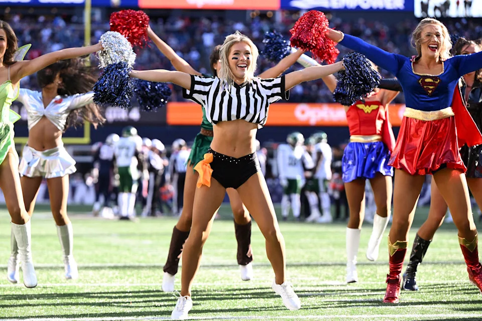 New England Patriots cheerleaders perform during the second half of a game against the New York Jets at Gillette Stadium.