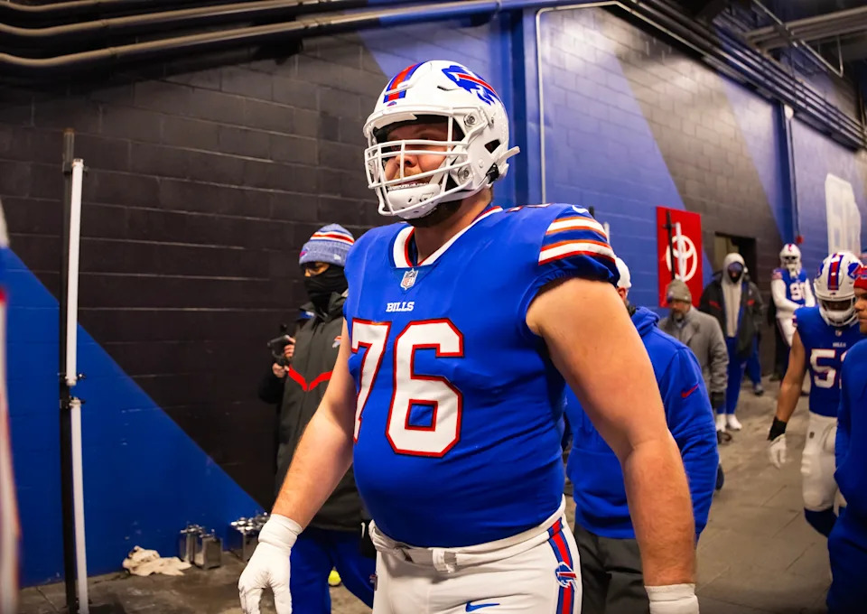 Jan 21, 2024; Orchard Park, New York, USA; Buffalo Bills guard David Edwards (76) against the Kansas City Chiefs in the 2024 AFC divisional round game at Highmark Stadium. Mandatory Credit: Mark J. Rebilas-USA TODAY Sports