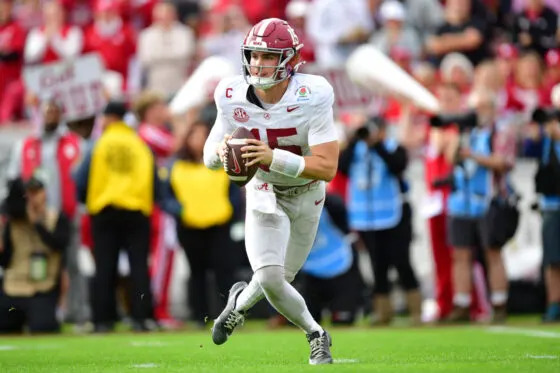 Jan 1, 2026; Pasadena, CA, USA; Alabama Crimson Tide quarterback Ty Simpson (15) looks to pass against the Indiana Hoosiers in the first half of the 2026 Rose Bowl and quarterfinal game of the College Football Playoff at Rose Bowl Stadium. Mandatory Credit: Gary A. Vasquez-Imagn Images