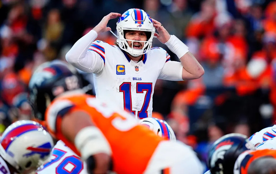 Jan 17, 2026; Denver, CO, USA; Buffalo Bills quarterback Josh Allen (17) calls an audible during the second quarter of an AFC Divisional Round playoff game against the Denver Broncos at Empower Field at Mile High. Mandatory Credit: Ron Chenoy-Imagn Images© Ron Chenoy-Imagn Images