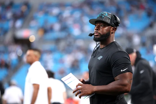 CHARLOTTE, NORTH CAROLINA - AUGUST 25: Carolina Panthers offensive coordinator Thomas Brown looks on during the first quarter of a preseason game against the Detroit Lions at Bank of America Stadium on August 25, 2023 in Charlotte, North Carolina. (Photo by Jared C. Tilton/Getty Images)