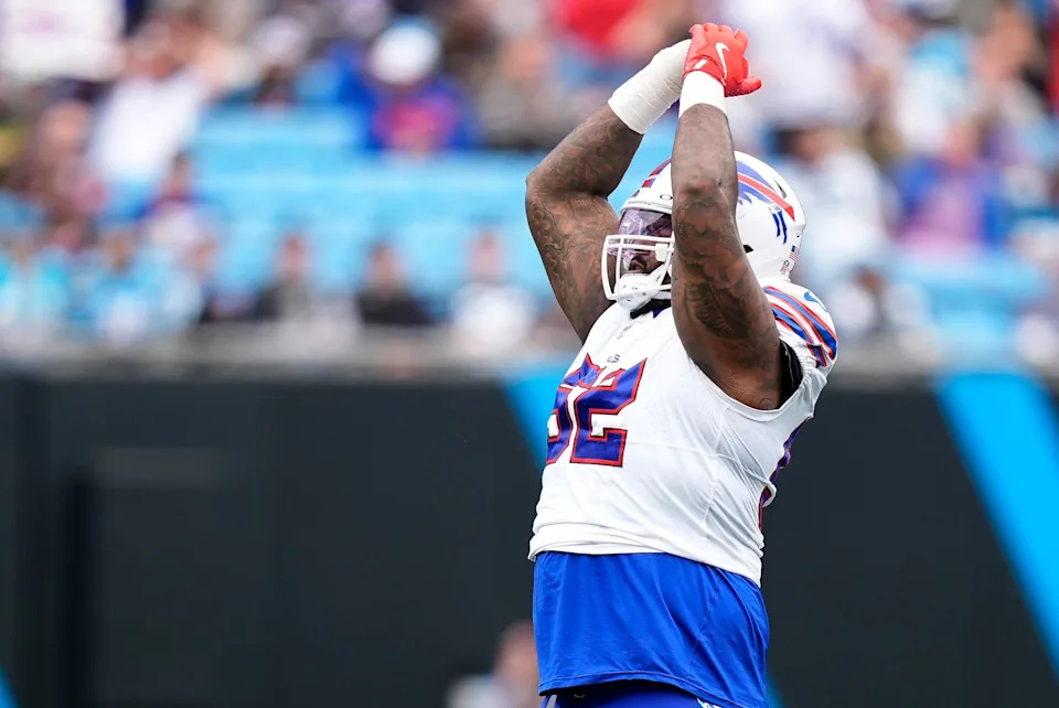 Oct 26, 2025; Charlotte, North Carolina, USA; Buffalo Bills defensive tackle Jordan Phillips (52) celebrates after a play during the second half against the Carolina Panthers at Bank of America Stadium. Mandatory Credit: Jim Dedmon-Imagn Images