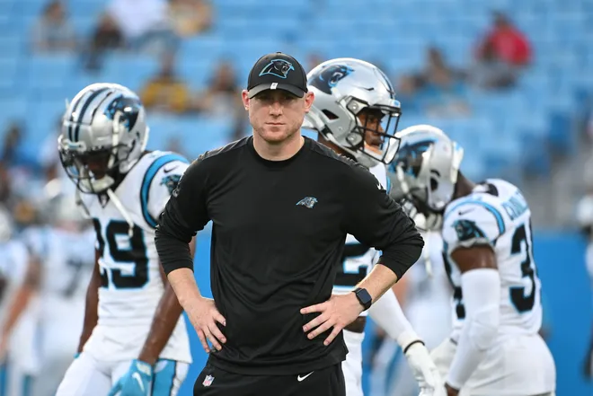 Aug 27, 2021; Charlotte, North Carolina, USA; Carolina Panthers offensive coordinator Joe Brady before the game at Bank of America Stadium. Mandatory Credit: Bob Donnan-USA TODAY Sports