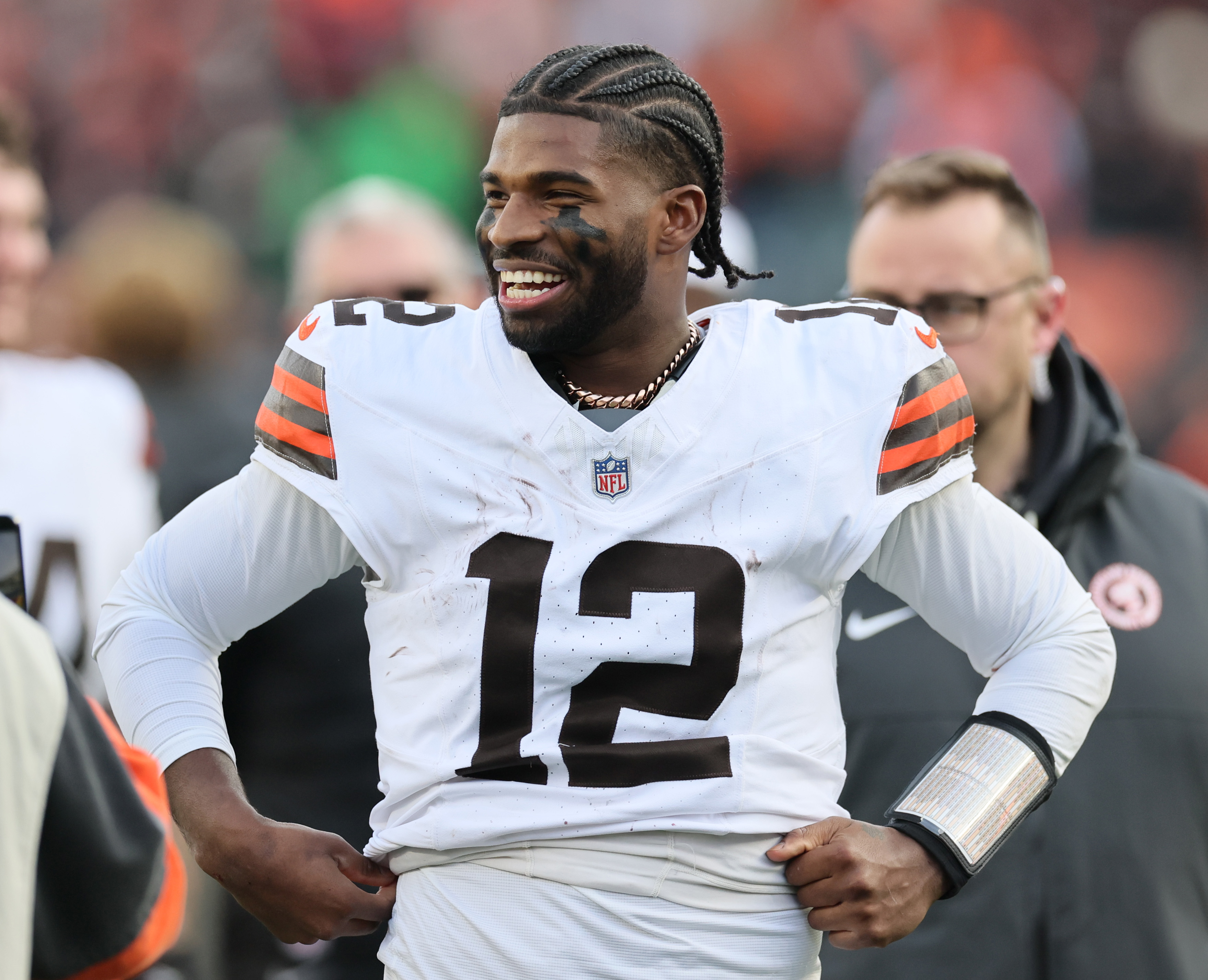 Cleveland Browns quarterback Shedeur Sanders is all smiles after a Browns’ victory over the Cincinnati Bengals.  