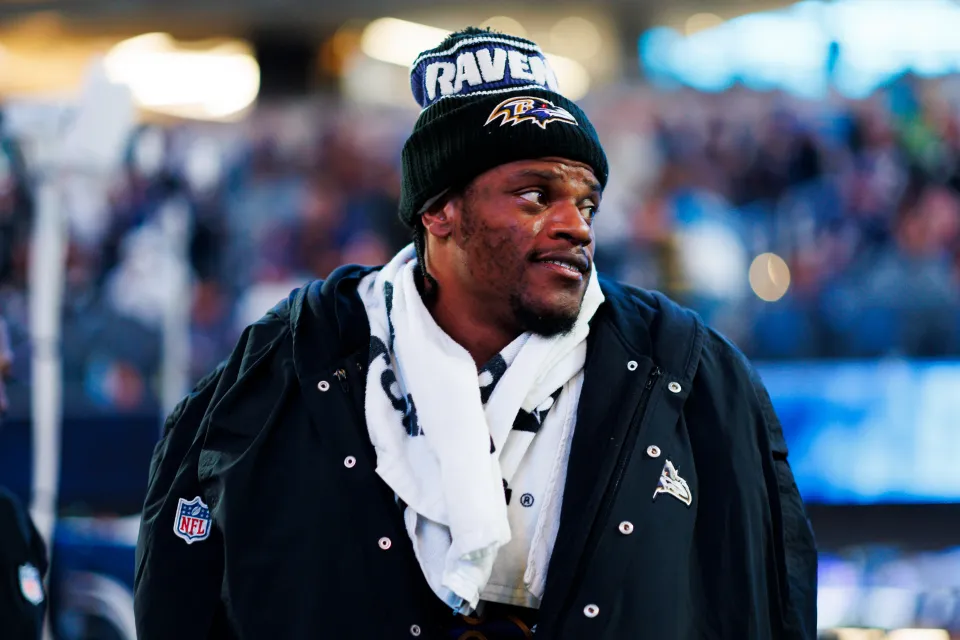 Lamar Jackson #8 of the Baltimore Ravens on the sideline before a game against the Los Angeles Chargers at SoFi Stadium