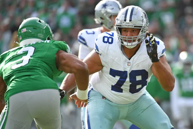 Dec 29, 2024; Philadelphia, Pennsylvania, USA; Dallas Cowboys offensive tackle Terence Steele (78) blocks Philadelphia Eagles linebacker Nolan Smith Jr. (3) at Lincoln Financial Field. Mandatory Credit: Eric Hartline-Imagn Images