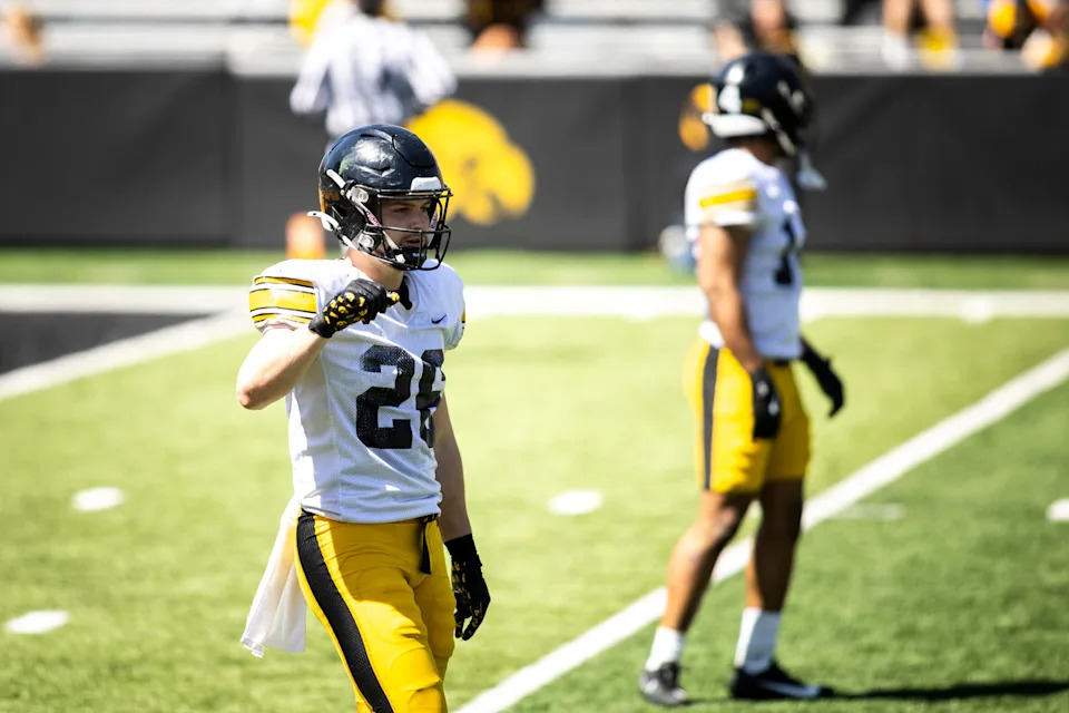 Apr 26, 2025; Iowa City, IA, USA; Iowa defensive back Kael Kolarik (26) gets set during a spring NCAA football open practice at Kinnick Stadium. Mandatory Credit: Joseph Cress/For the Register