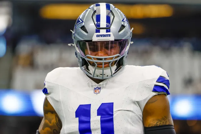 Sep 22, 2024; Arlington, Texas, USA; Dallas Cowboys linebacker Micah Parsons (11) prior to the game against the Baltimore Ravens at AT&T Stadium. Mandatory Credit: Andrew Dieb-Imagn Images