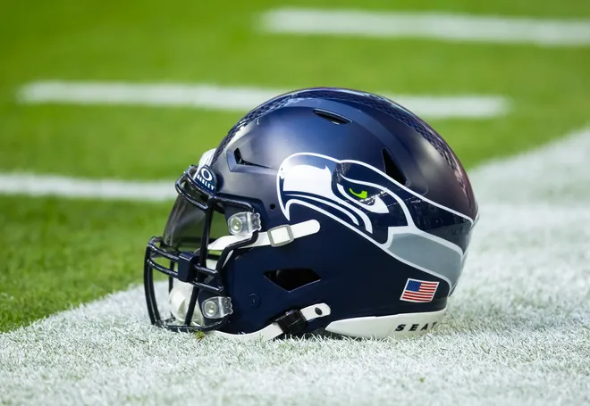 Detailed view of a Seattle Seahawks helmet at State Farm Stadium.