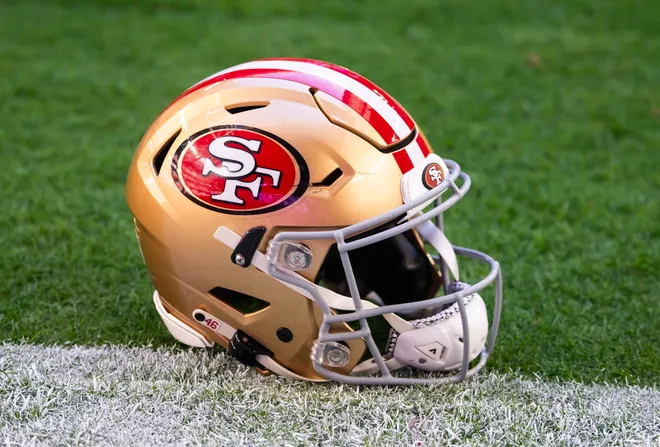 Detailed view of a San Francisco 49ers helmet at State Farm Stadium.