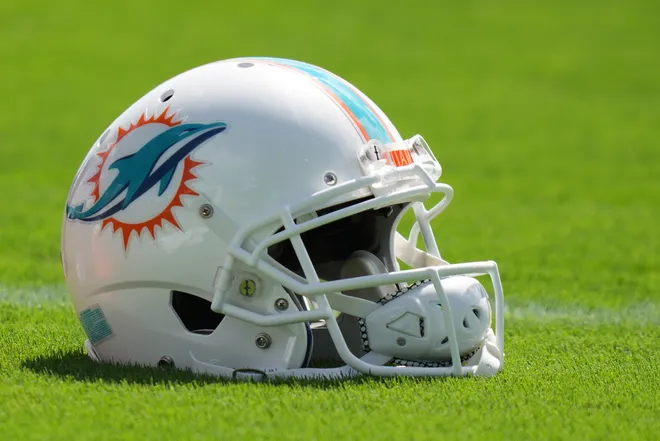 A general view of a Miami Dolphins helmet.