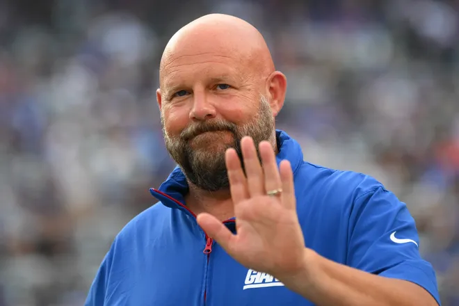 Aug 16, 2025; East Rutherford, New Jersey, USA; New York Giants head coach Brian Daboll waves to fans prior to a game against the New York Jets at MetLife Stadium. Mandatory Credit: Rich Barnes-Imagn Images