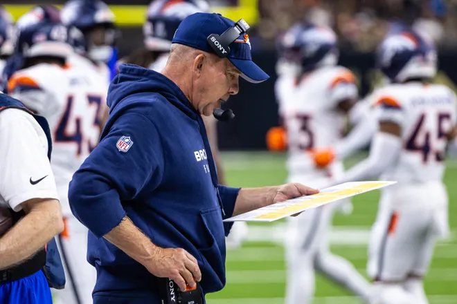 Aug 23, 2025; New Orleans, Louisiana, USA; Denver Broncos head coach Sean Payton looks on against the New Orleans Saints during the second half at Caesars Superdome. Mandatory Credit: Stephen Lew-Imagn Images