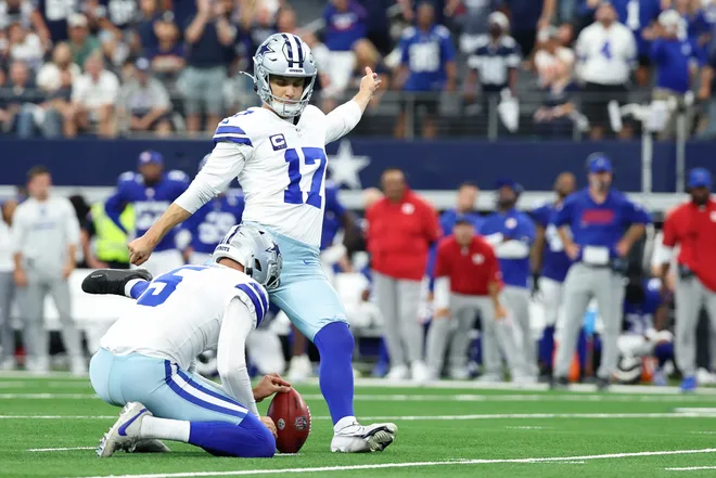 Sep 14, 2025; Arlington, Texas, USA; Dallas Cowboys place kicker Brandon Aubrey (17) kicks the game-winning field goal against the New York Giants during overtime at AT&T Stadium. Mandatory Credit: Kevin Jairaj-Imagn Images