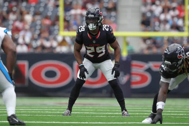 Aug 16, 2025; Houston, Texas, USA; Houston Texans safety M.J. Stewart (29) waits for a snap during the game against the Carolina Panthers at NRG Stadium. Mandatory Credit: Troy Taormina-Imagn Images