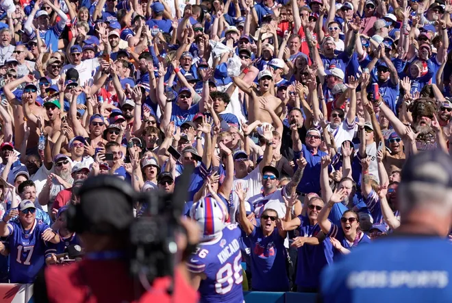Fans cheer Buffalo Bills tight end Dalton Kincaid’s touchdown during second half action of the Bills home game against the New Orleans Saints in Orchard Park on Sept. 28, 2025.