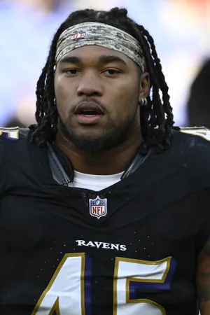 Oct 26, 2025; Baltimore, Maryland, USA; Baltimore Ravens linebacker Mike Green (45) on the field after the game against the Chicago Bears at M&T Bank Stadium. Mandatory Credit: Tommy Gilligan-Imagn Images