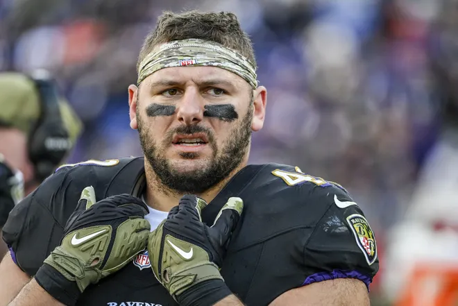 Oct 26, 2025; Baltimore, Maryland, USA; Baltimore Ravens fullback Patrick Ricard (42) on the sidelines dung the game against the Chicago Bears at M&T Bank Stadium. Mandatory Credit: Tommy Gilligan-Imagn Images